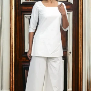 White broad Plain Cotton Kurta with plazzo