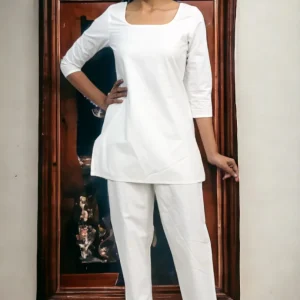 White broad Plain Cotton Kurta with pants